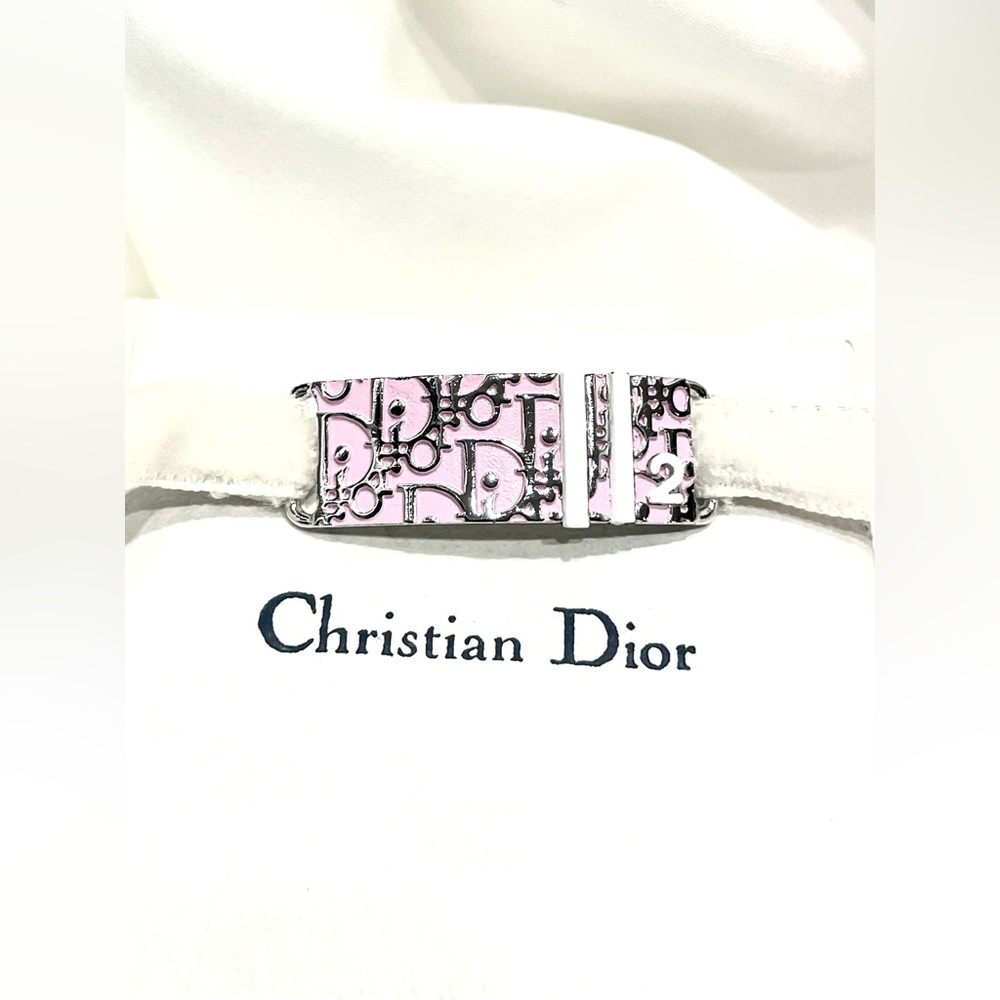 DIOR Authentic PINK and White Diorissimo Velvet Band Varsity Enamel Bracelet NEW